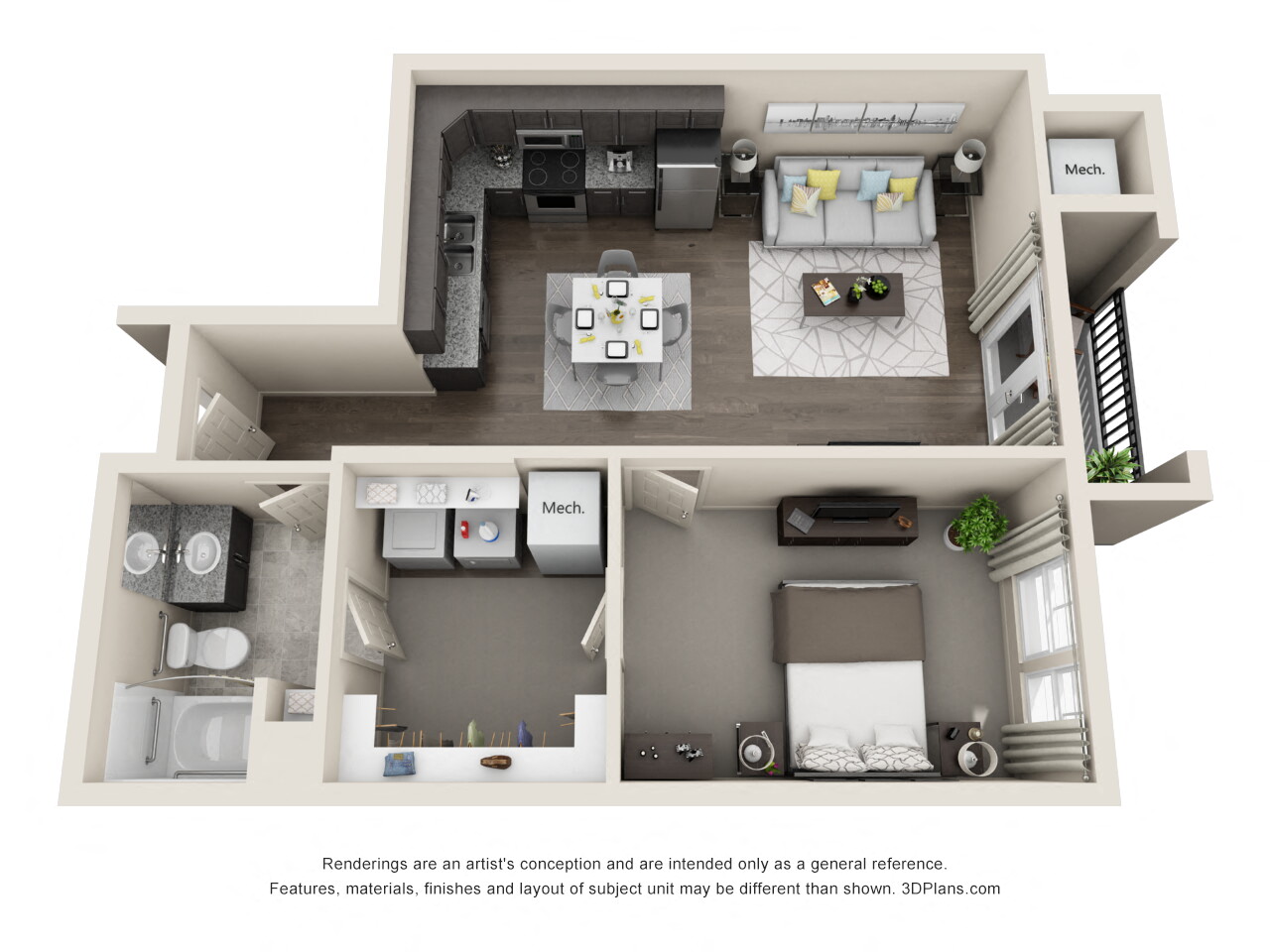 Floor plan for 1 bed, 1 bath, 668 sqft